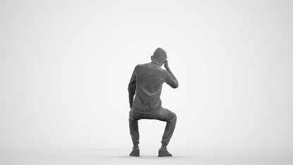 3D people model man casual sitting, scanned human for 3ds Max rendering, wireframe front view