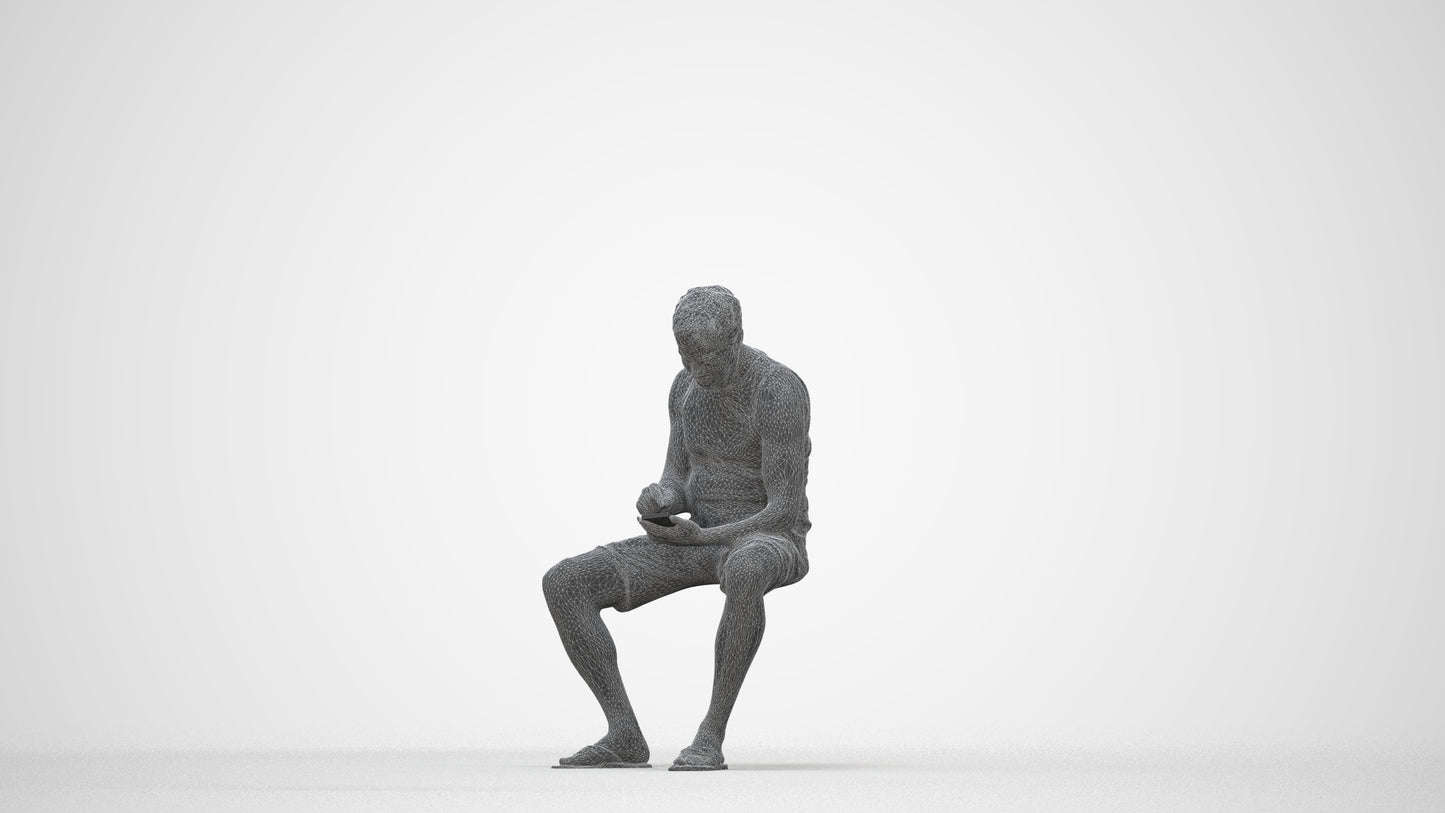 scanned 3D man casual sitting, photogrammetry people for Enscape and V-Ray, wireframe back view