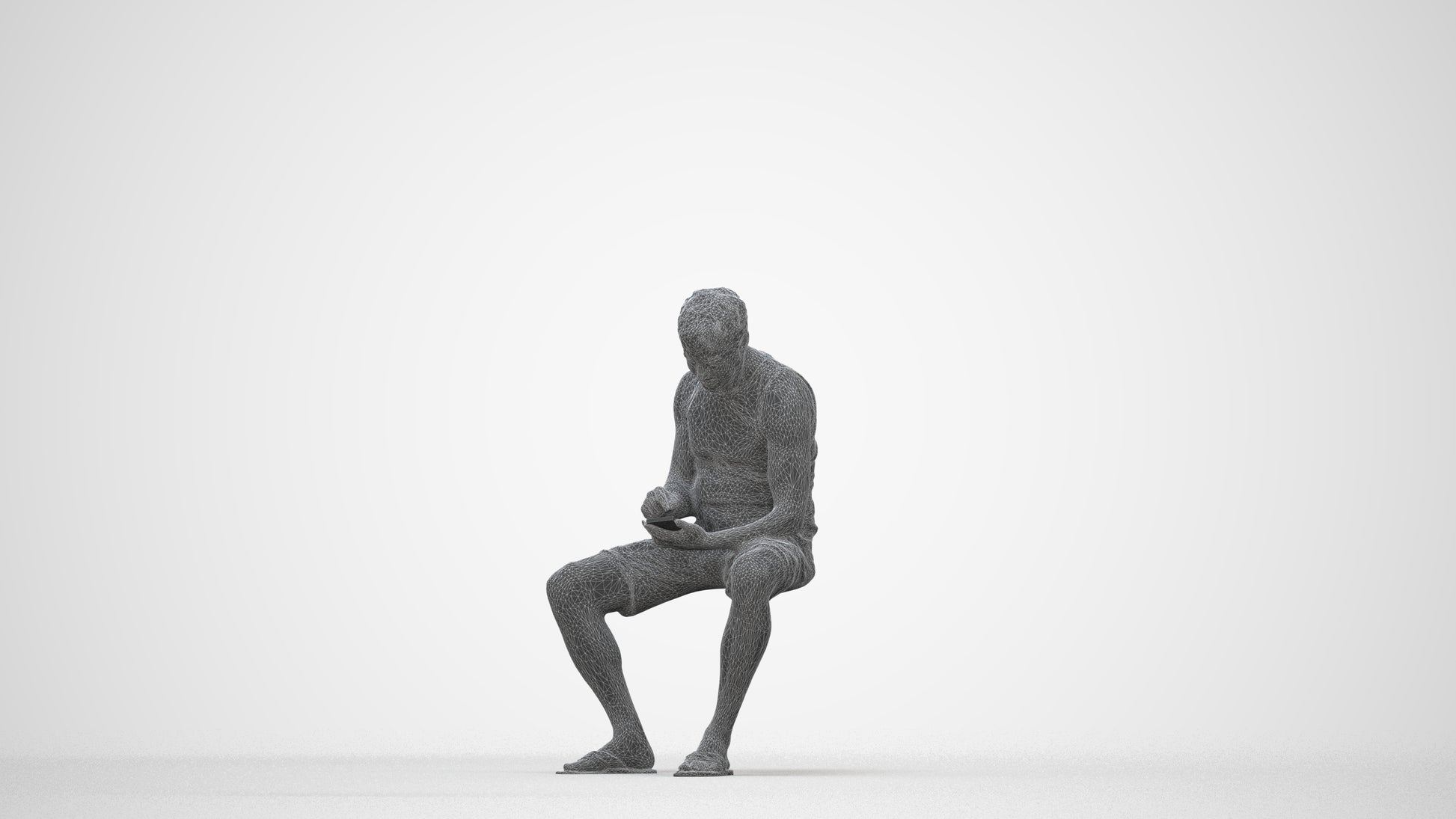 scanned 3D man casual sitting, photogrammetry people for Enscape and V-Ray, wireframe back view