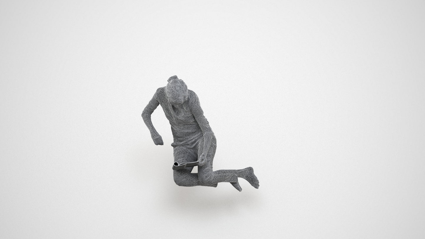 realistic 3D woman casual sitting, scanned archviz people for Blender and 3ds Max, wireframe three-quarter view