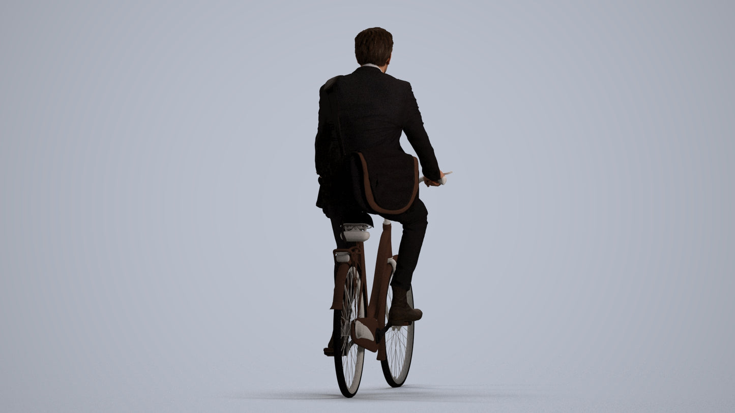 3D human model man business cycling, photogrammetry scanned person for archviz, front view render