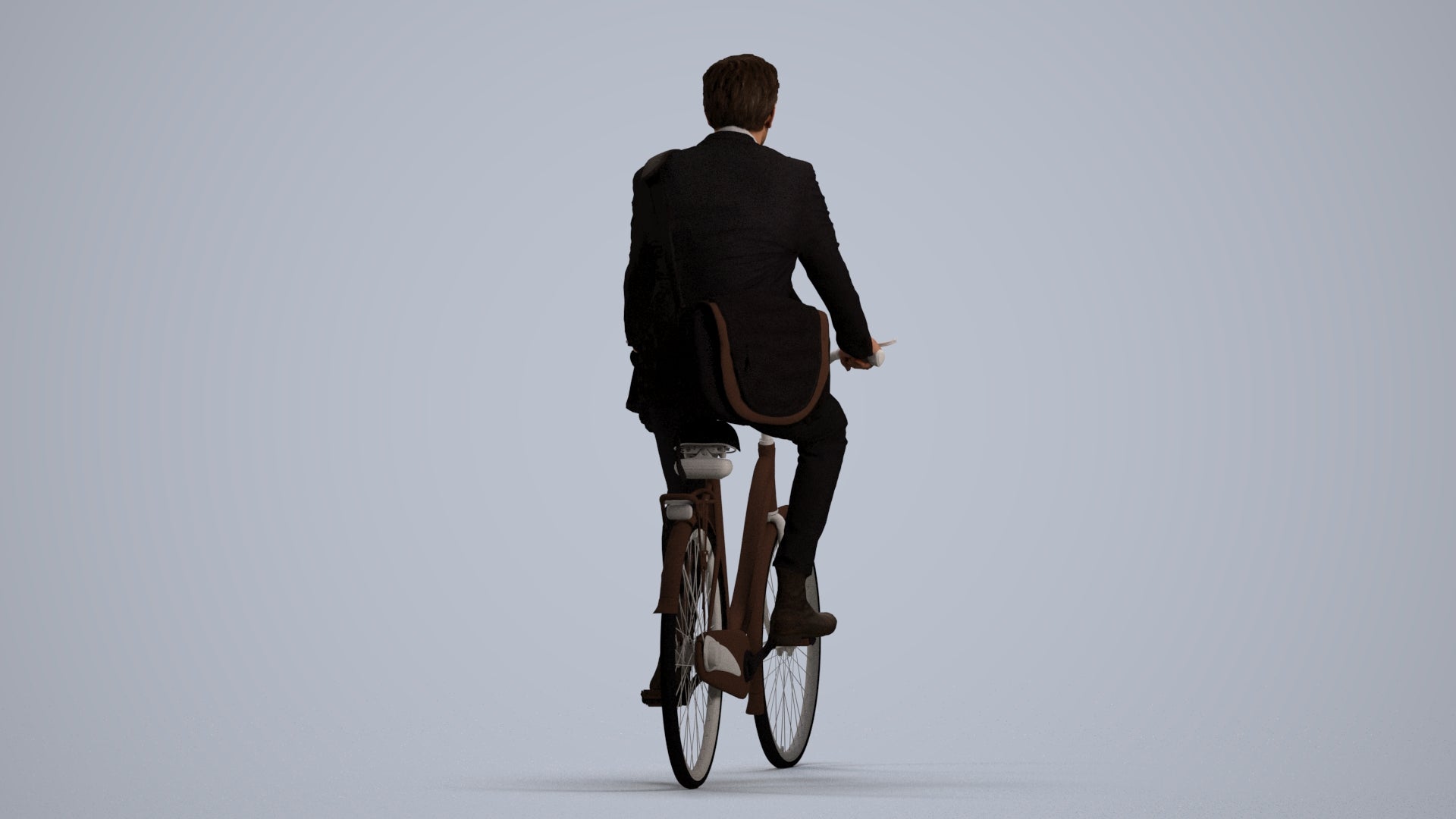 3D human model man business cycling, photogrammetry scanned person for archviz, front view render