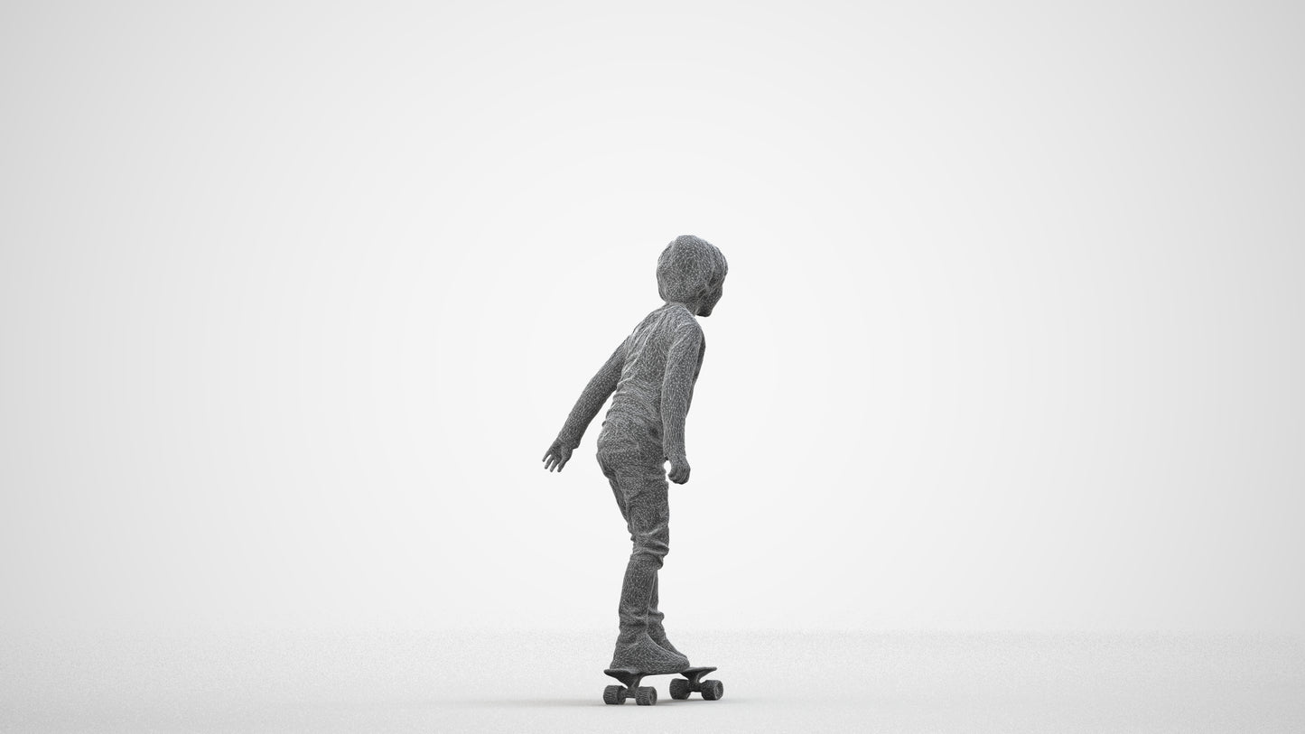 3D scanned boy kids casual, photorealistic archviz people for Enscape and SketchUp, wireframe side view