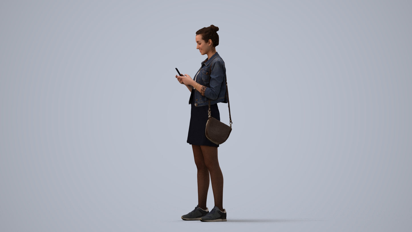 3D human model woman casual standing, photogrammetry scanned person for archviz, three-quarter view render