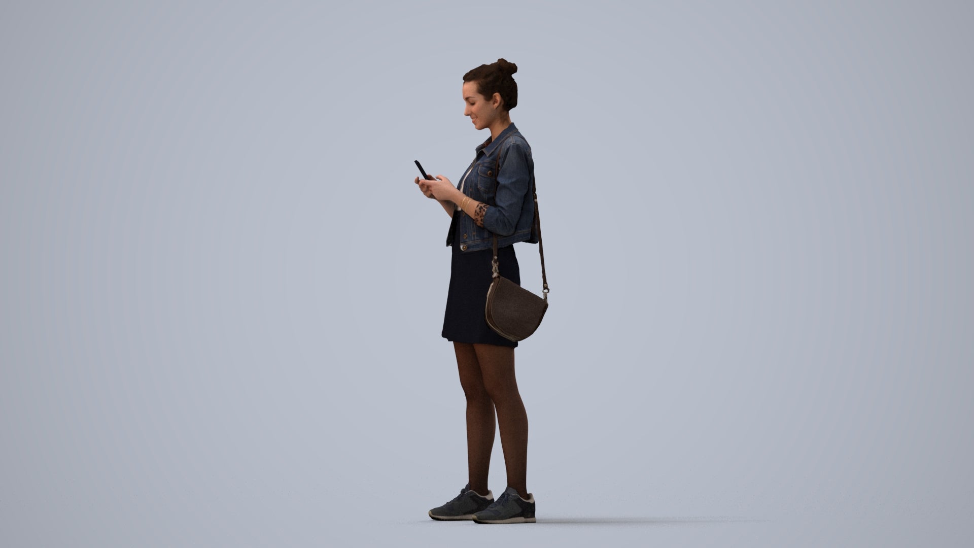 3D human model woman casual standing, photogrammetry scanned person for archviz, three-quarter view render