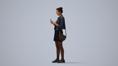3D human model woman casual standing, photogrammetry scanned person for archviz, three-quarter view render