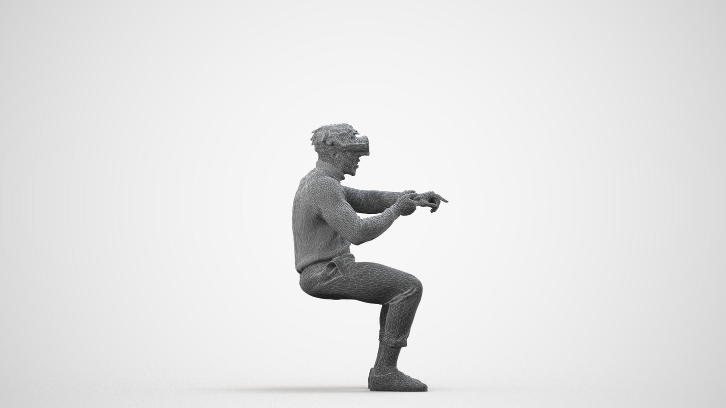 3D scanned man sitting casual, photorealistic archviz people for Enscape and SketchUp, wireframe side view