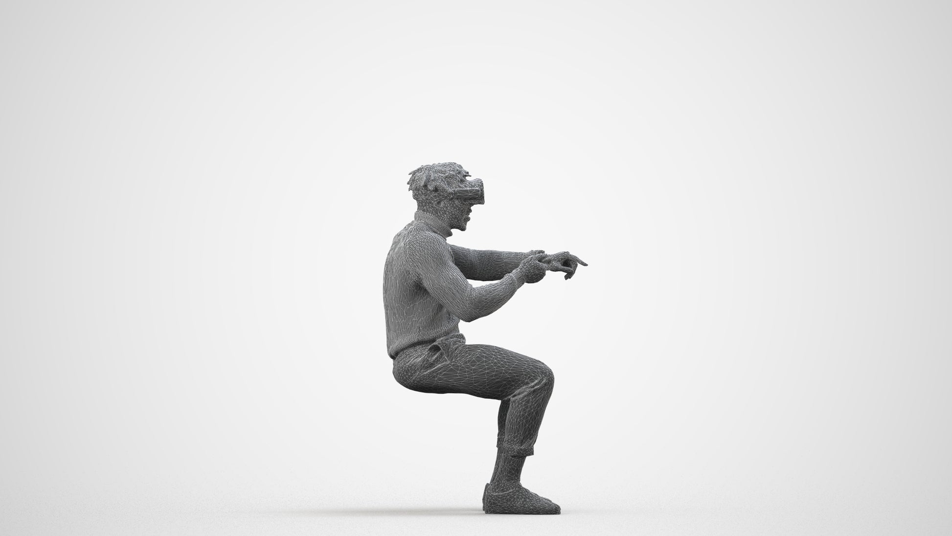 3D scanned man sitting casual, photorealistic archviz people for Enscape and SketchUp, wireframe side view