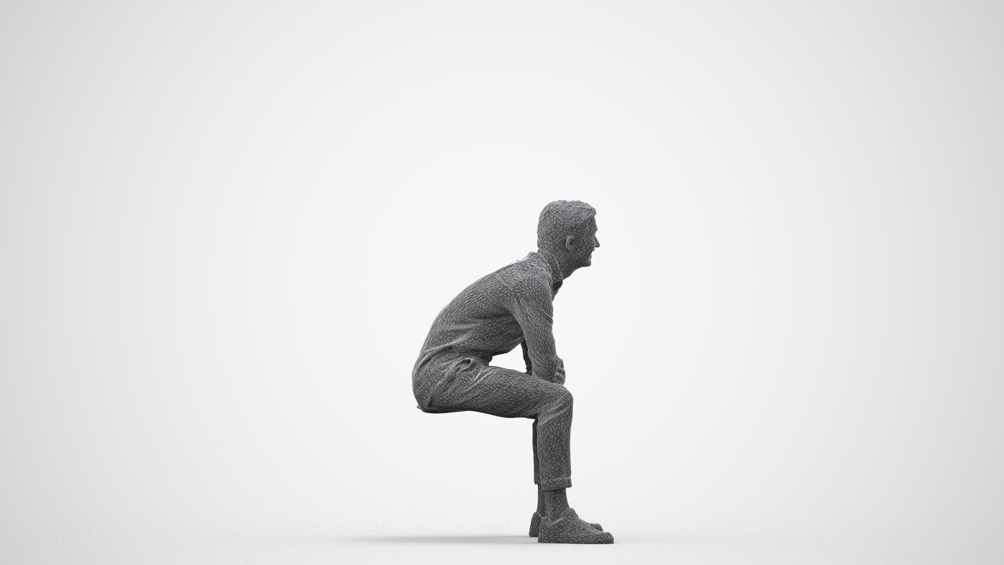 3D scanned man sitting casual, photorealistic archviz people for Enscape and SketchUp, wireframe side view