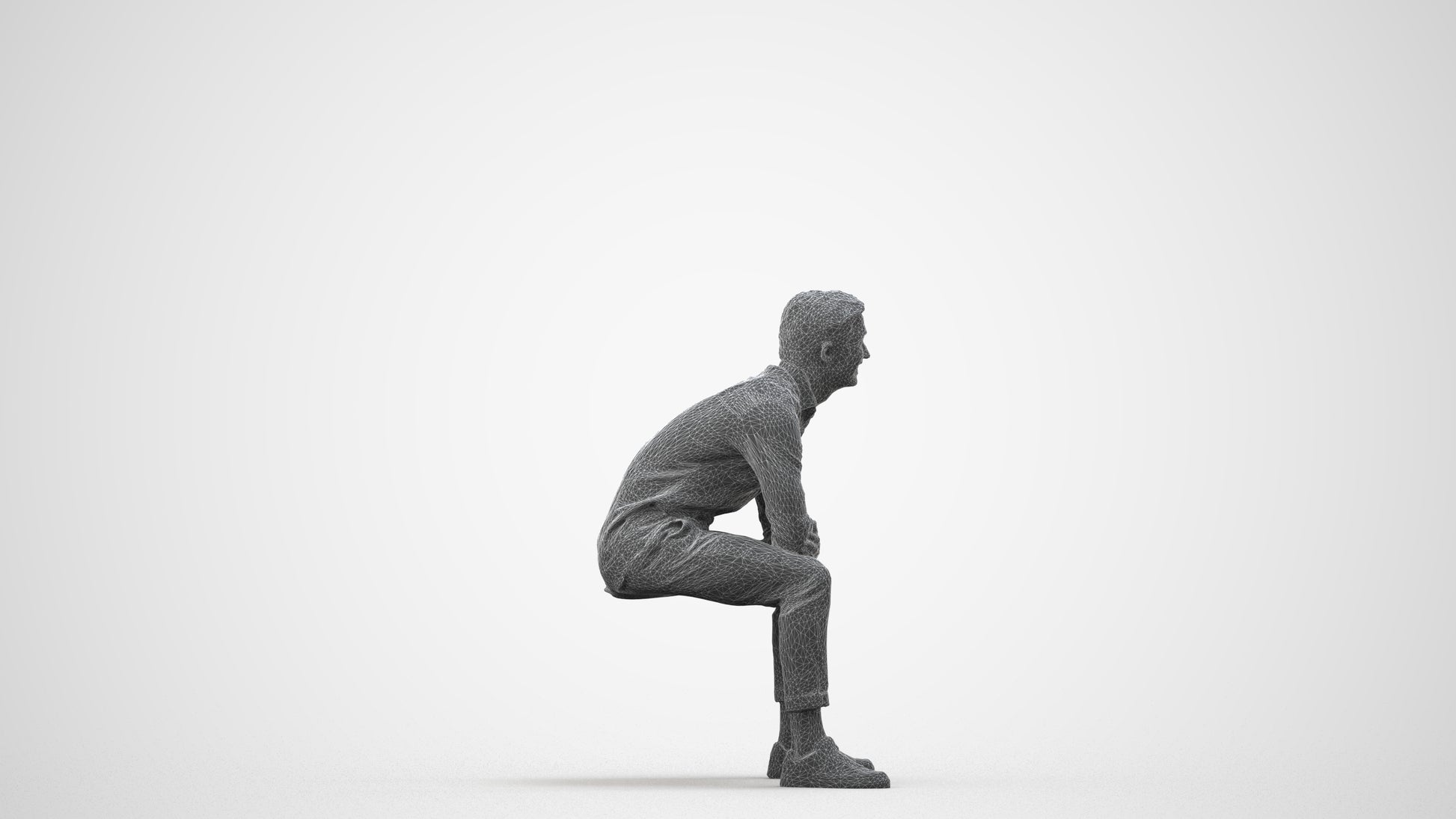 3D scanned man sitting casual, photorealistic archviz people for Enscape and SketchUp, wireframe side view