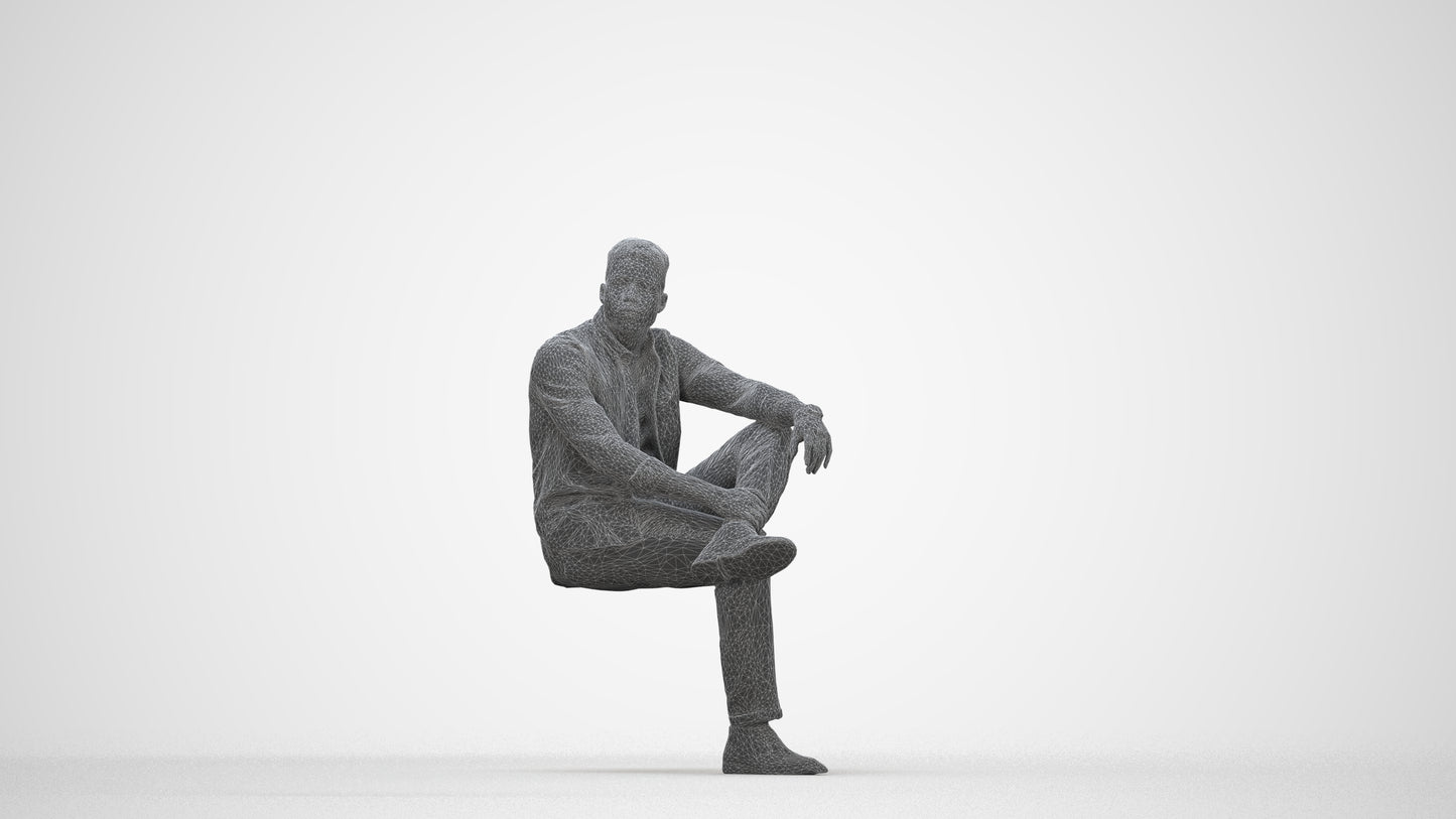 scanned 3D man casual sitting, photogrammetry people for Enscape and V-Ray, wireframe back view