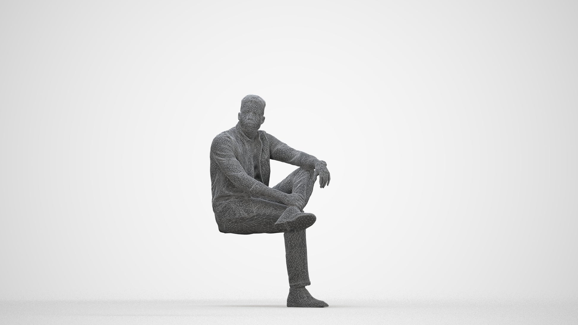 scanned 3D man casual sitting, photogrammetry people for Enscape and V-Ray, wireframe back view