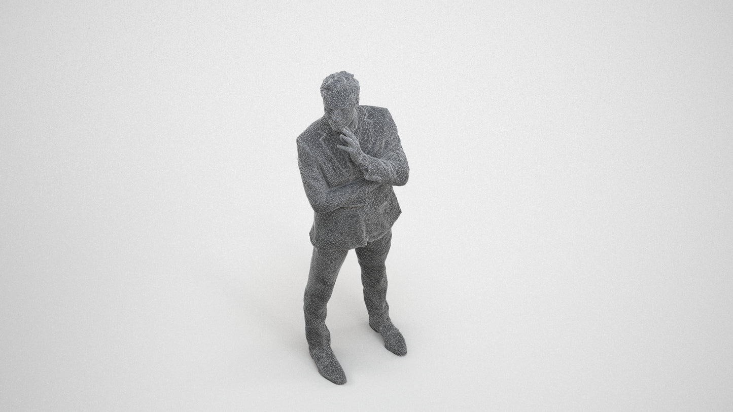 3D human model man formal business, photogrammetry scanned person for archviz, wireframe three-quarter view