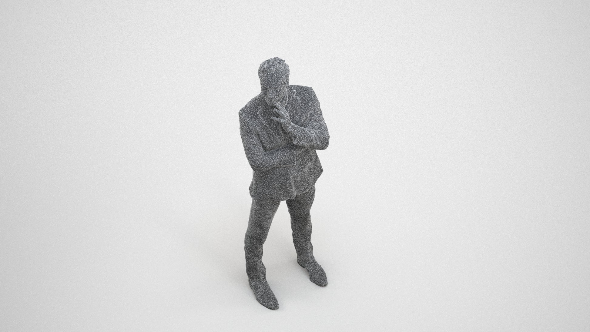 3D human model man formal business, photogrammetry scanned person for archviz, wireframe three-quarter view