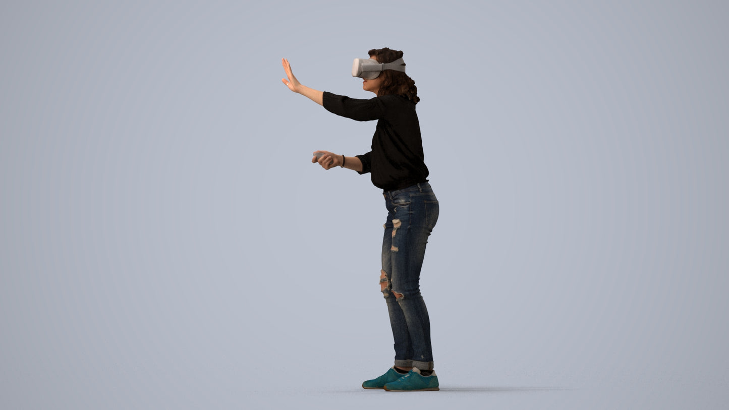 realistic 3D human woman casual standing, archviz people FBX OBJ for Blender, three-quarter view render