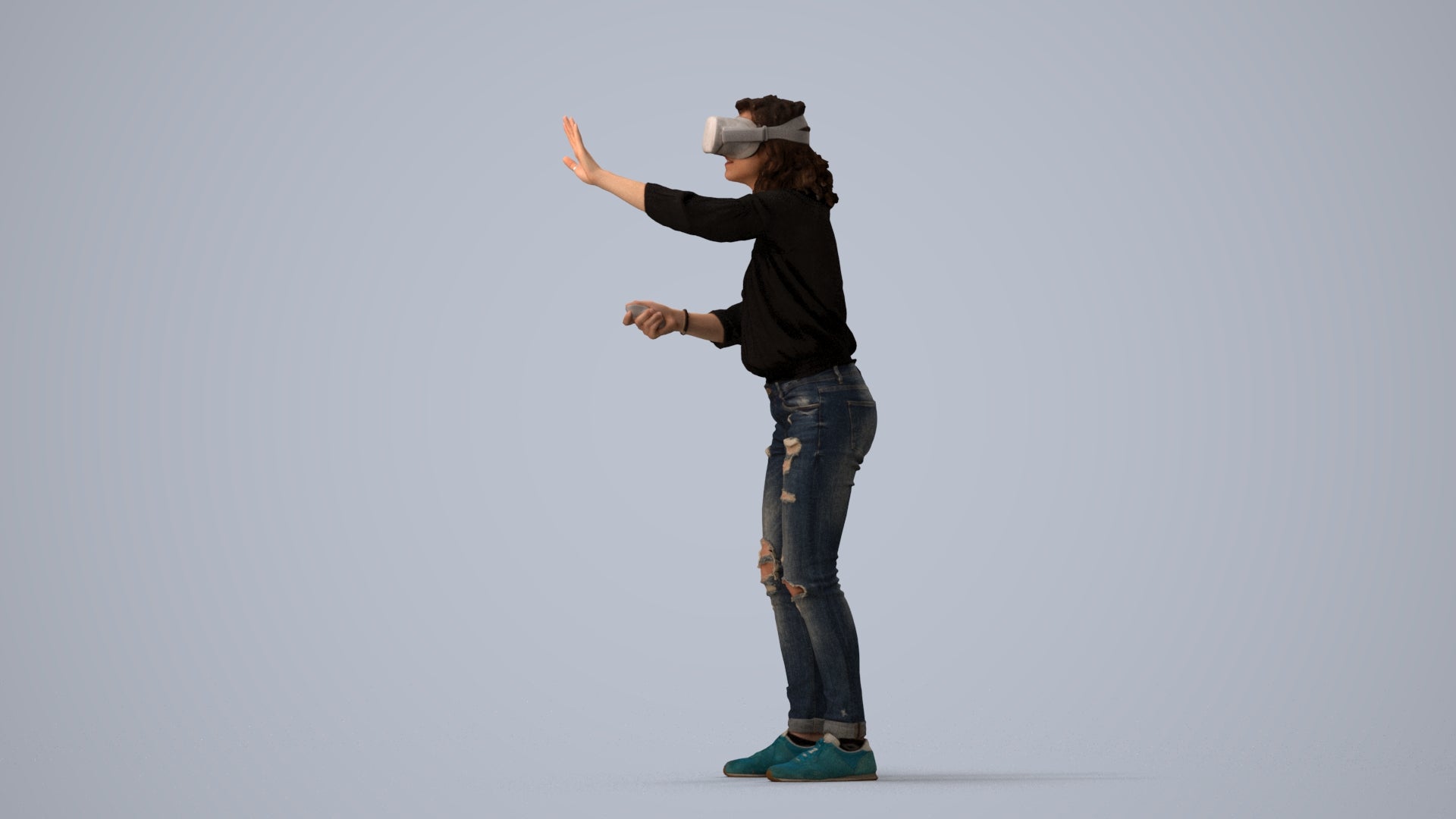 realistic 3D human woman casual standing, archviz people FBX OBJ for Blender, three-quarter view render