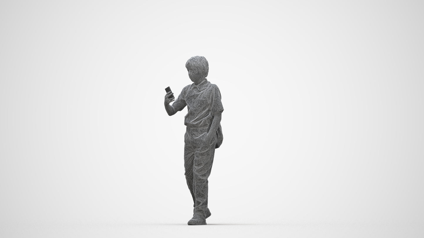 scanned 3D boy casual kids, photogrammetry people for Enscape and V-Ray, wireframe back view
