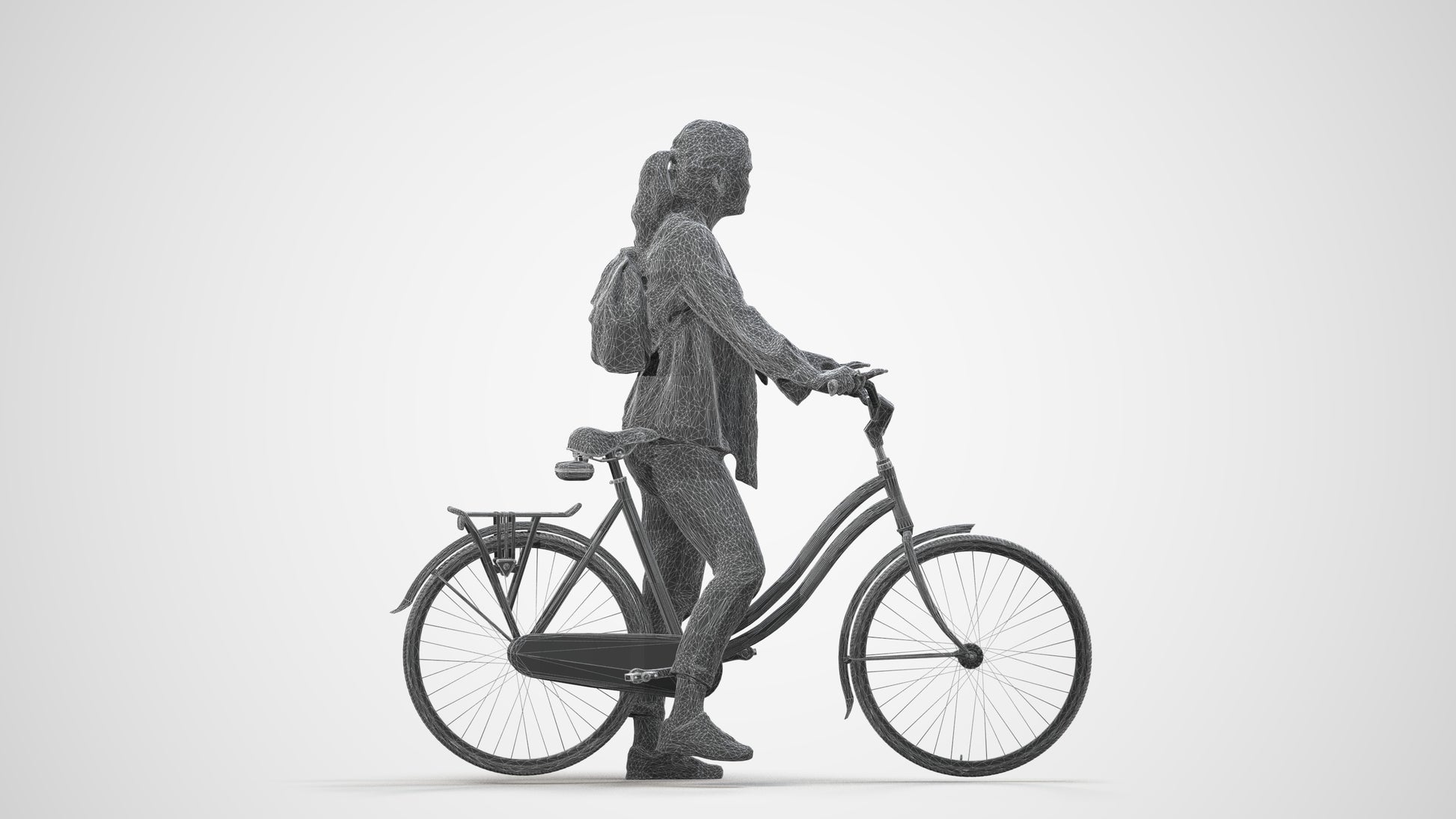 3D scanned woman cycling casual, photorealistic archviz people for Enscape and SketchUp, wireframe side view