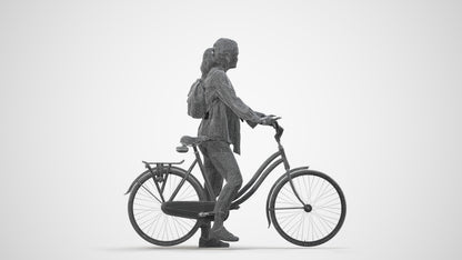 3D scanned woman cycling casual, photorealistic archviz people for Enscape and SketchUp, wireframe side view