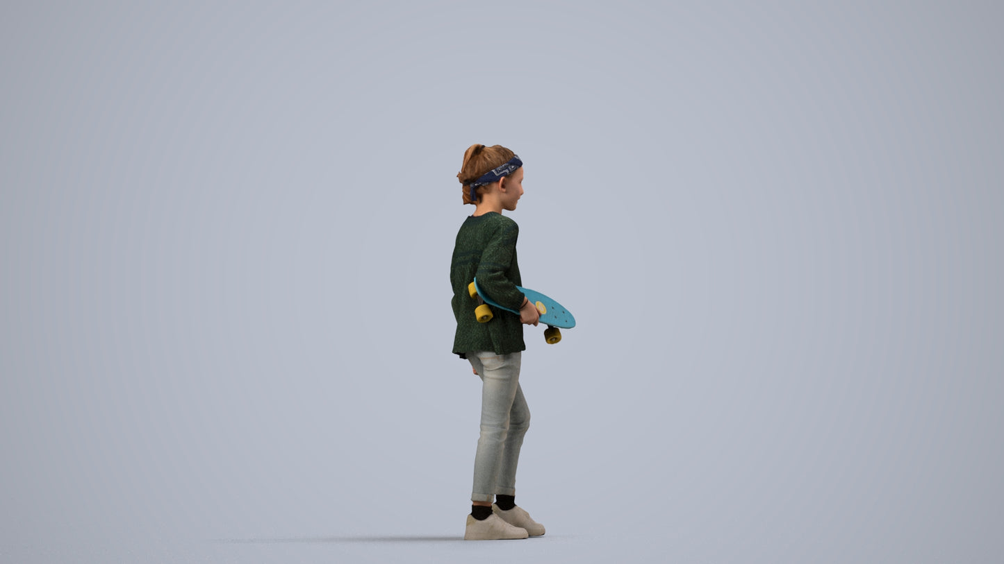 realistic 3D girl casual kids, scanned archviz people for Blender and 3ds Max, side view render