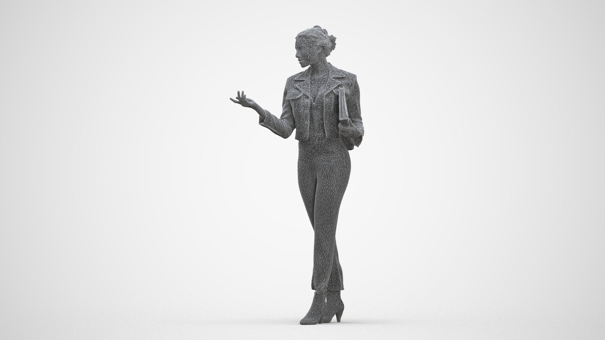 3D human model woman business standing, photogrammetry scanned person for archviz, three-quarter front view render