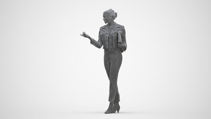 3D human model woman business standing, photogrammetry scanned person for archviz, three-quarter front view render