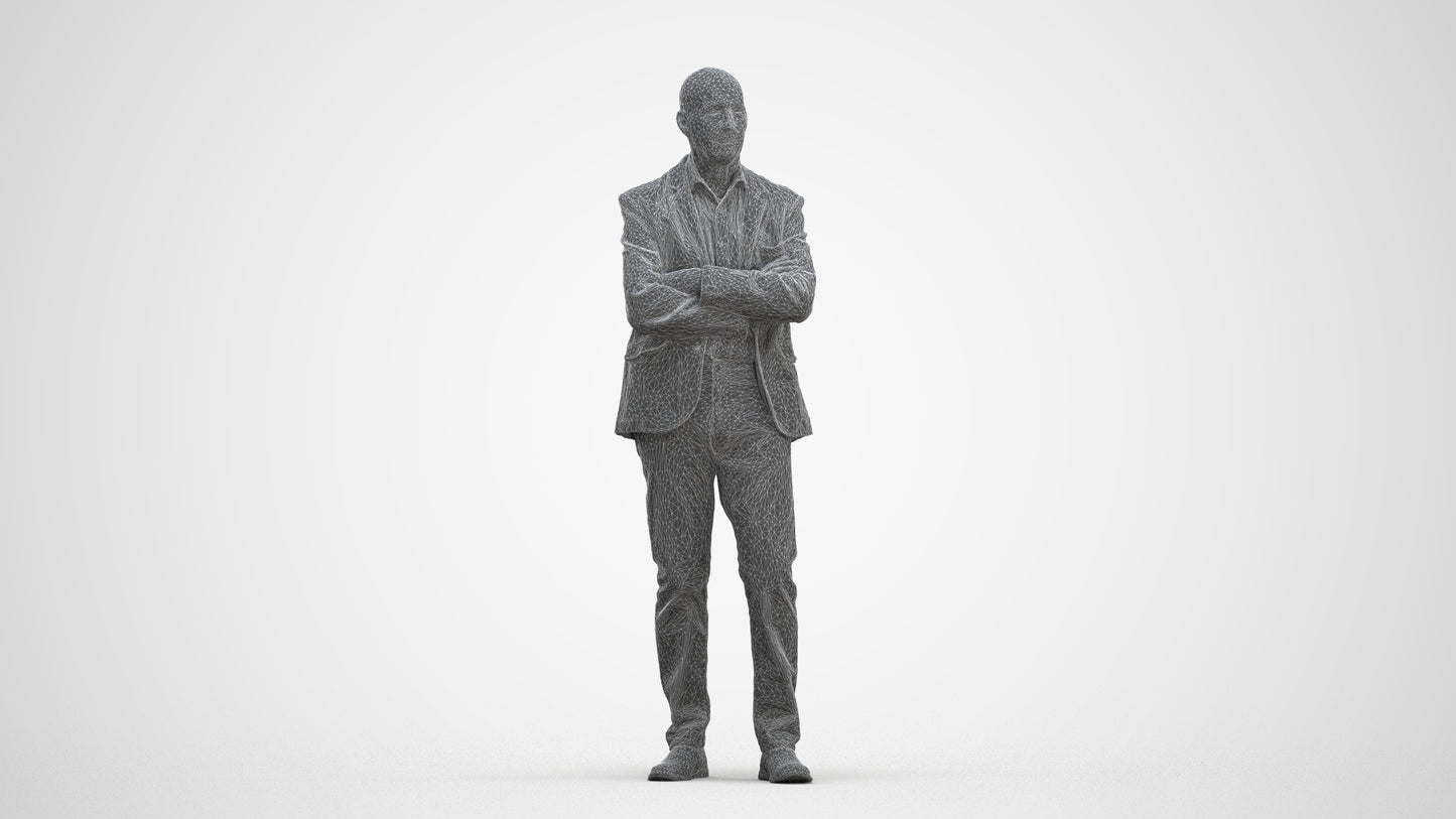 3D human model senior man business, photogrammetry scanned person for archviz, three-quarter front view render