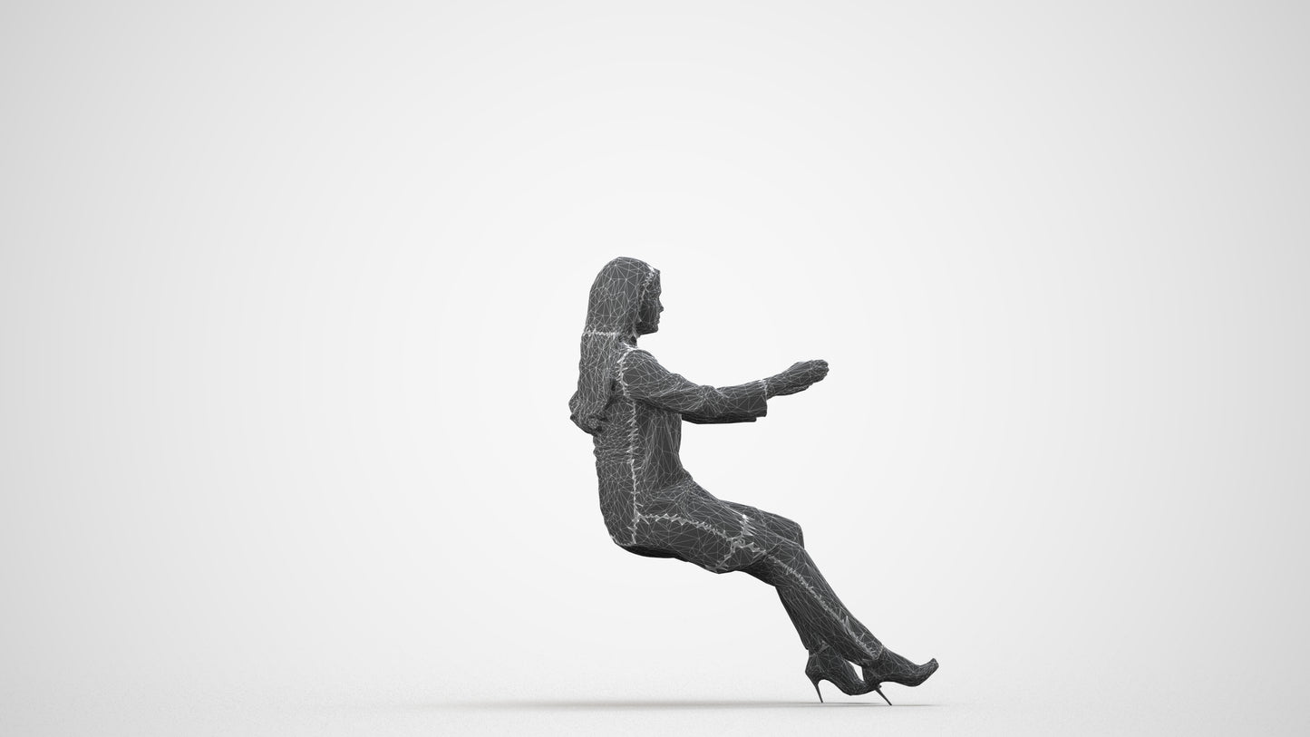 3D human model woman business sitting, photogrammetry scanned person for archviz, wireframe side view