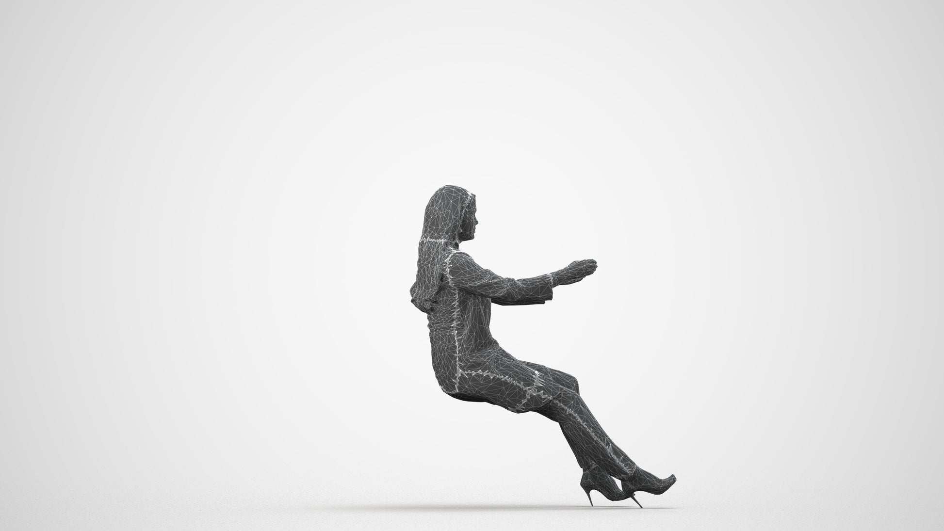 3D human model woman business sitting, photogrammetry scanned person for archviz, wireframe side view