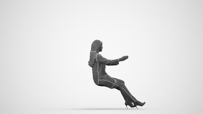 3D human model woman business sitting, photogrammetry scanned person for archviz, wireframe side view