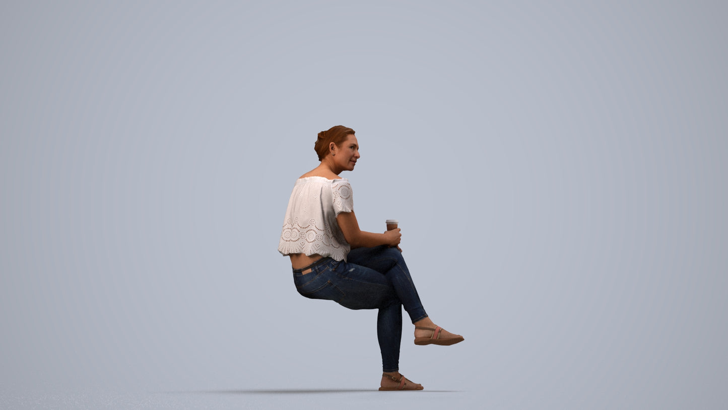 3D people model woman casual sitting, scanned human for 3ds Max rendering, side view render