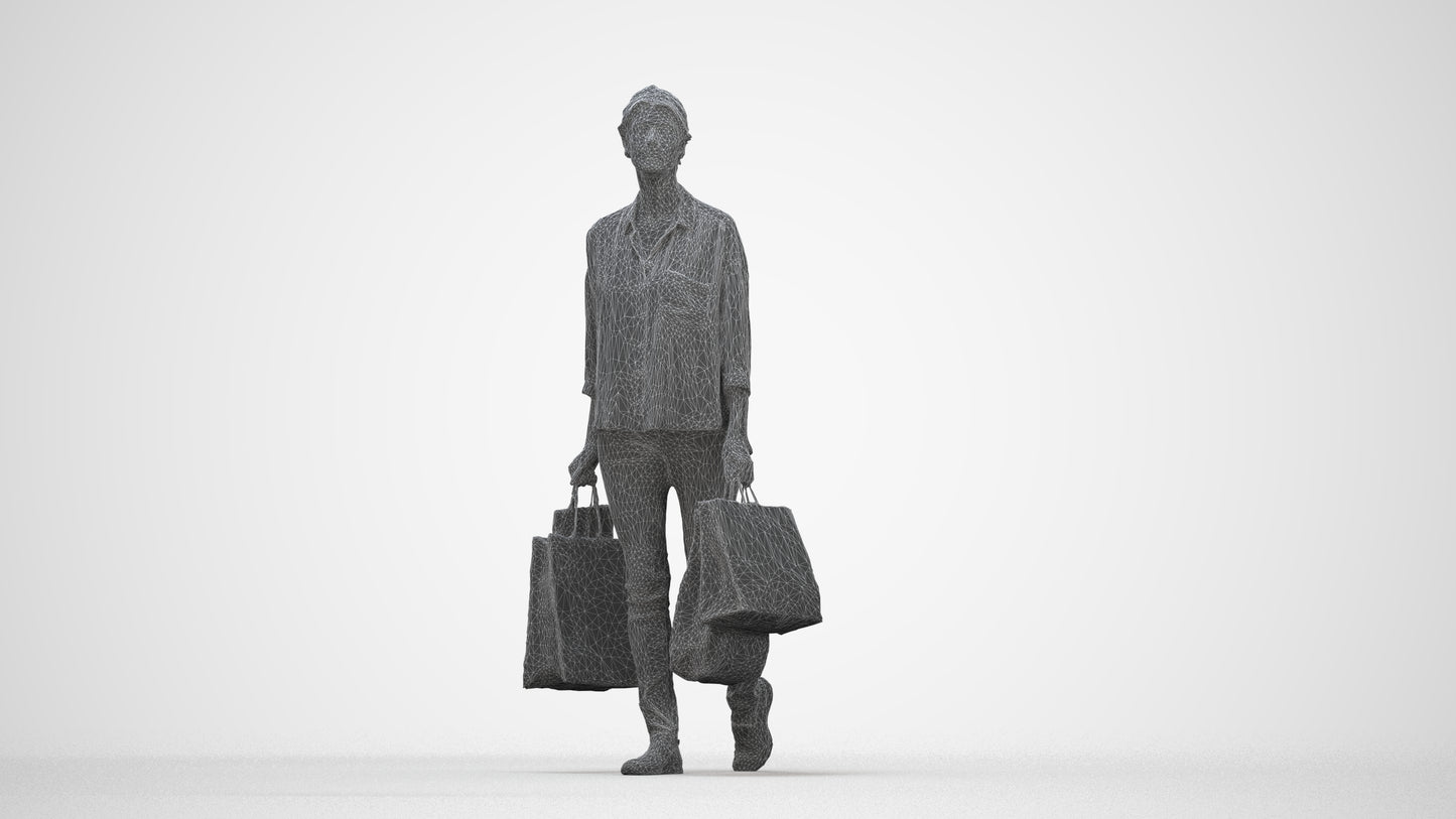 3D scanned woman shopping casual, photorealistic archviz people for Enscape and SketchUp, wireframe back view