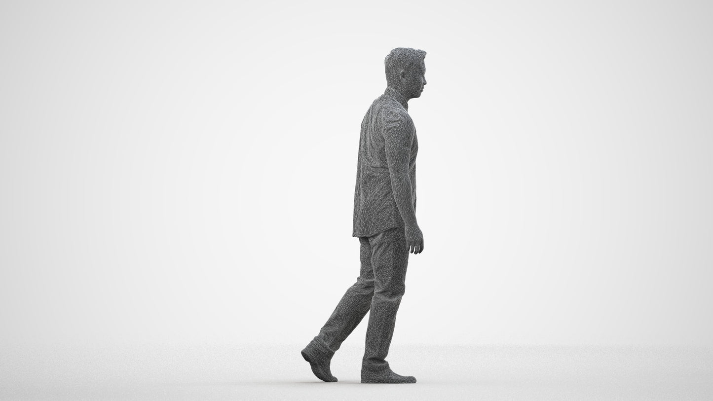 scanned 3D man casual walking, photogrammetry people for Enscape and V-Ray, wireframe side view