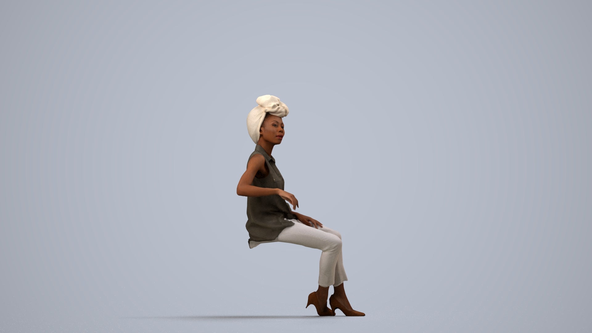 3D people model woman casual sitting, scanned human for 3ds Max rendering, side view render