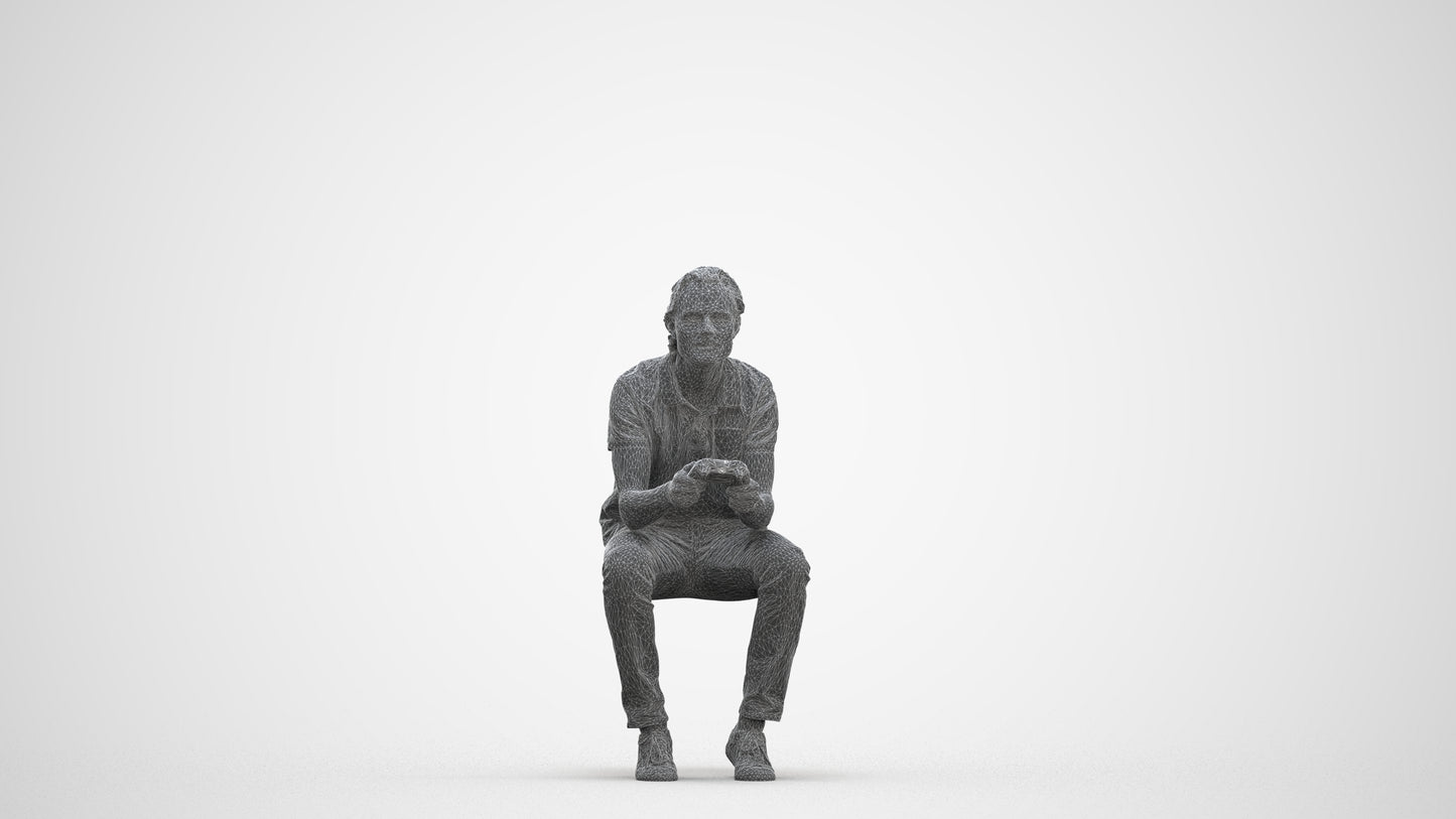 3D scanned man sitting casual, photorealistic archviz people for Enscape and SketchUp, three-quarter front view render