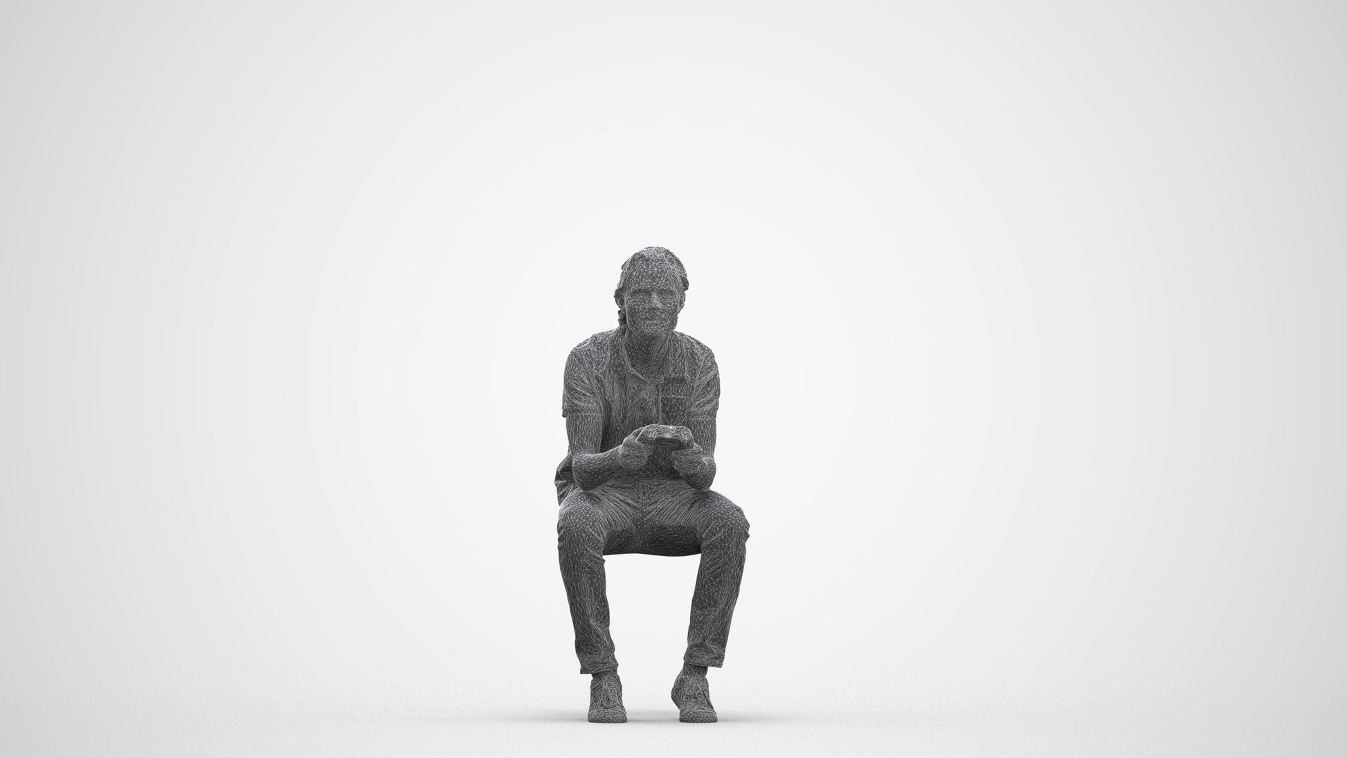 3D scanned man sitting casual, photorealistic archviz people for Enscape and SketchUp, three-quarter front view render