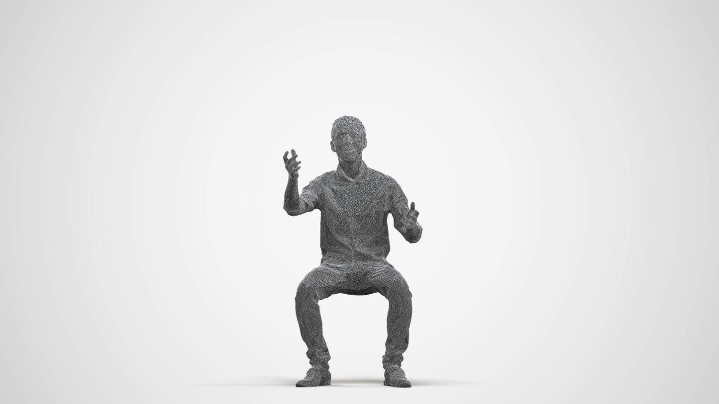 realistic 3D man casual sitting, scanned archviz people for Blender and 3ds Max, three-quarter front view render