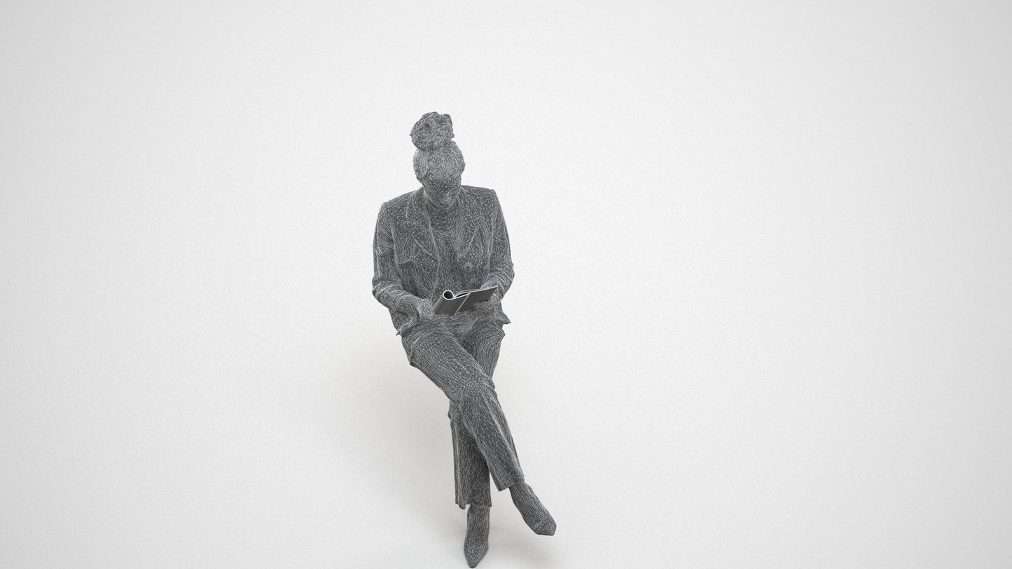 3D scanned woman business, photorealistic archviz people for Enscape and SketchUp, wireframe three-quarter view