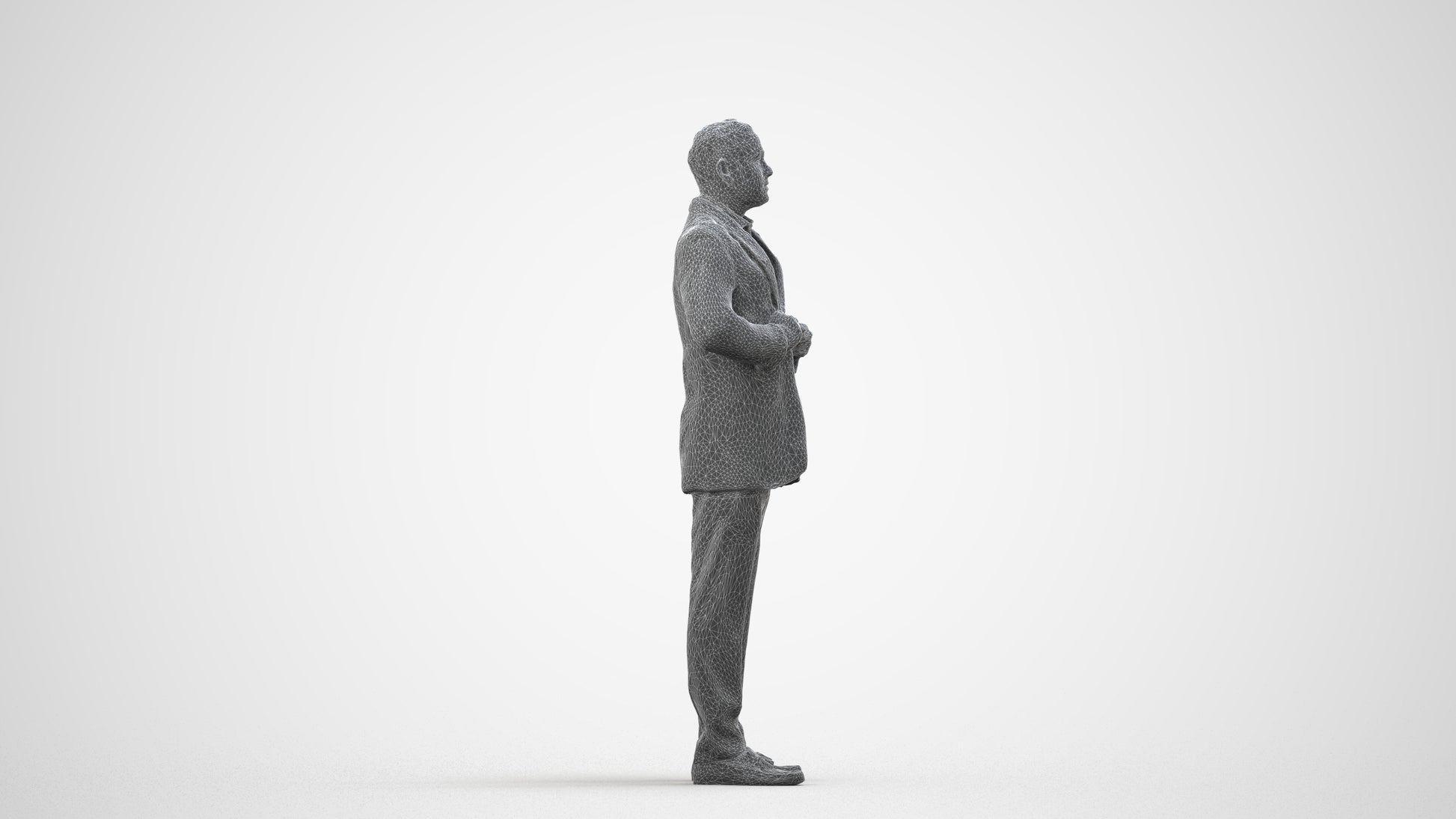 realistic 3D human man business standing, archviz people FBX OBJ for Blender, wireframe side view