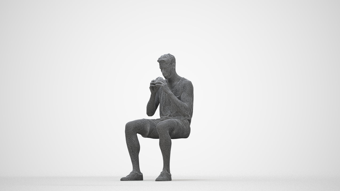 3D scanned man sitting casual, photorealistic archviz people for Enscape and SketchUp, wireframe back view