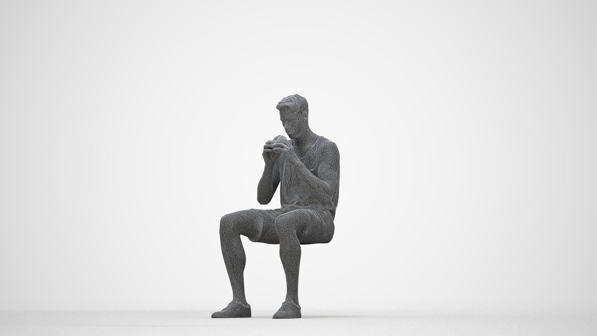 3D scanned man sitting casual, photorealistic archviz people for Enscape and SketchUp, wireframe back view