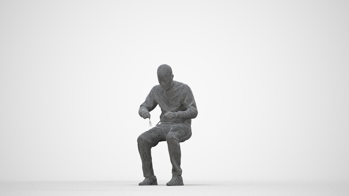 3D human model man casual sitting, photogrammetry scanned person for archviz, wireframe back view
