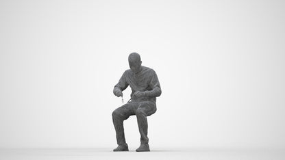 3D human model man casual sitting, photogrammetry scanned person for archviz, wireframe back view