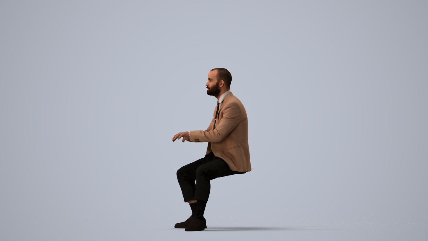 3D human model man business, photogrammetry scanned person for archviz, three-quarter view render