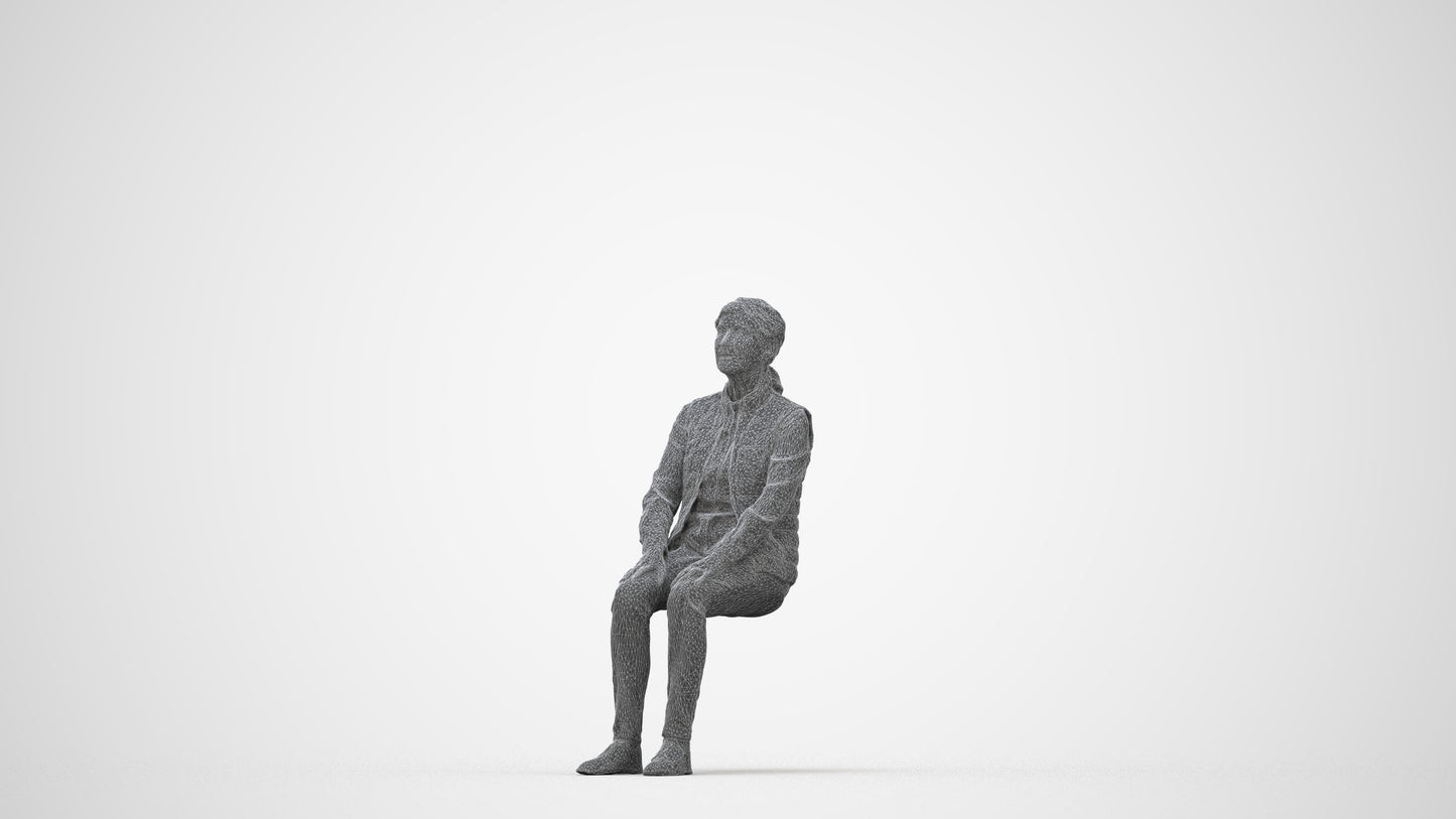 3D people model senior woman casual sitting, scanned human for 3ds Max rendering, wireframe back view