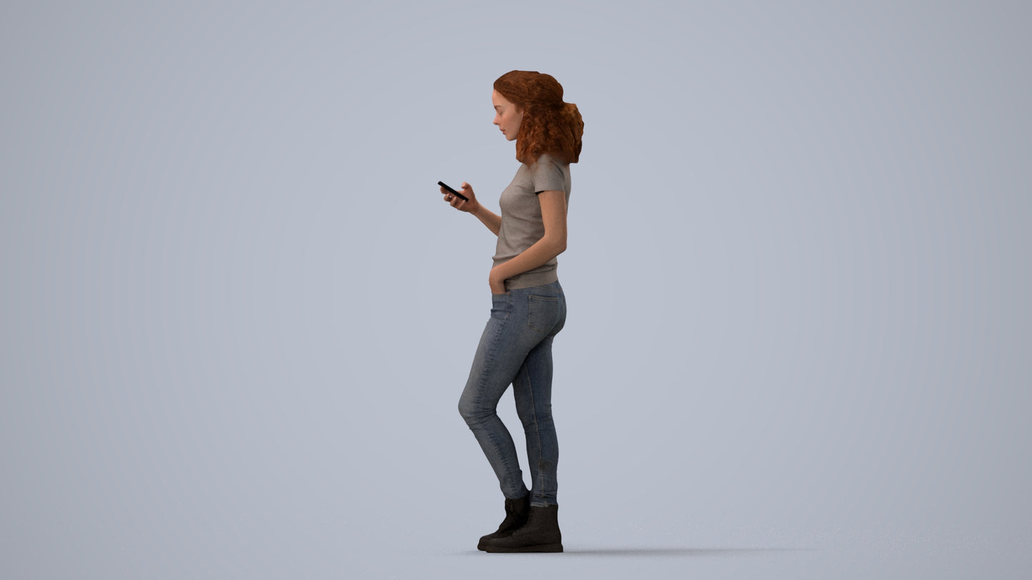 photogrammetry 3D woman casual standing, realistic human model archviz FBX, three-quarter view render