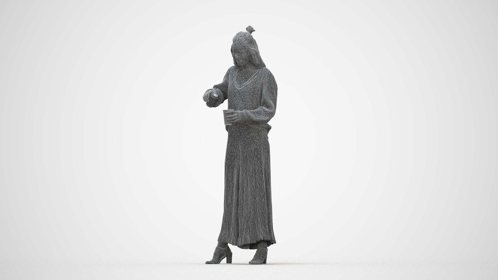 3D people model woman casual standing, scanned human for 3ds Max rendering, wireframe back view