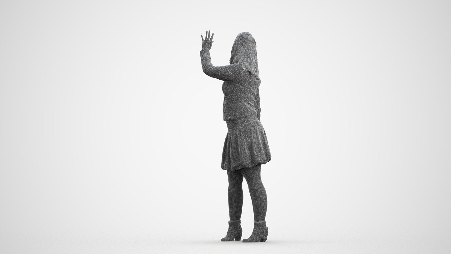 3D human model woman casual standing, photogrammetry scanned person for archviz, wireframe front view