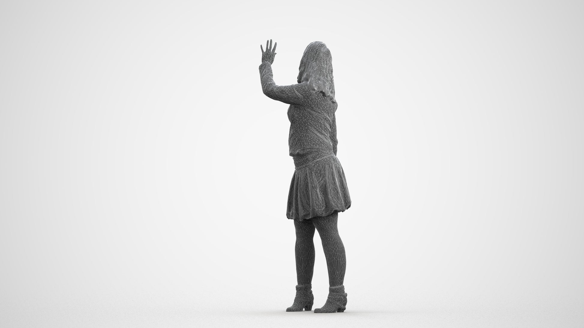 3D human model woman casual standing, photogrammetry scanned person for archviz, wireframe front view