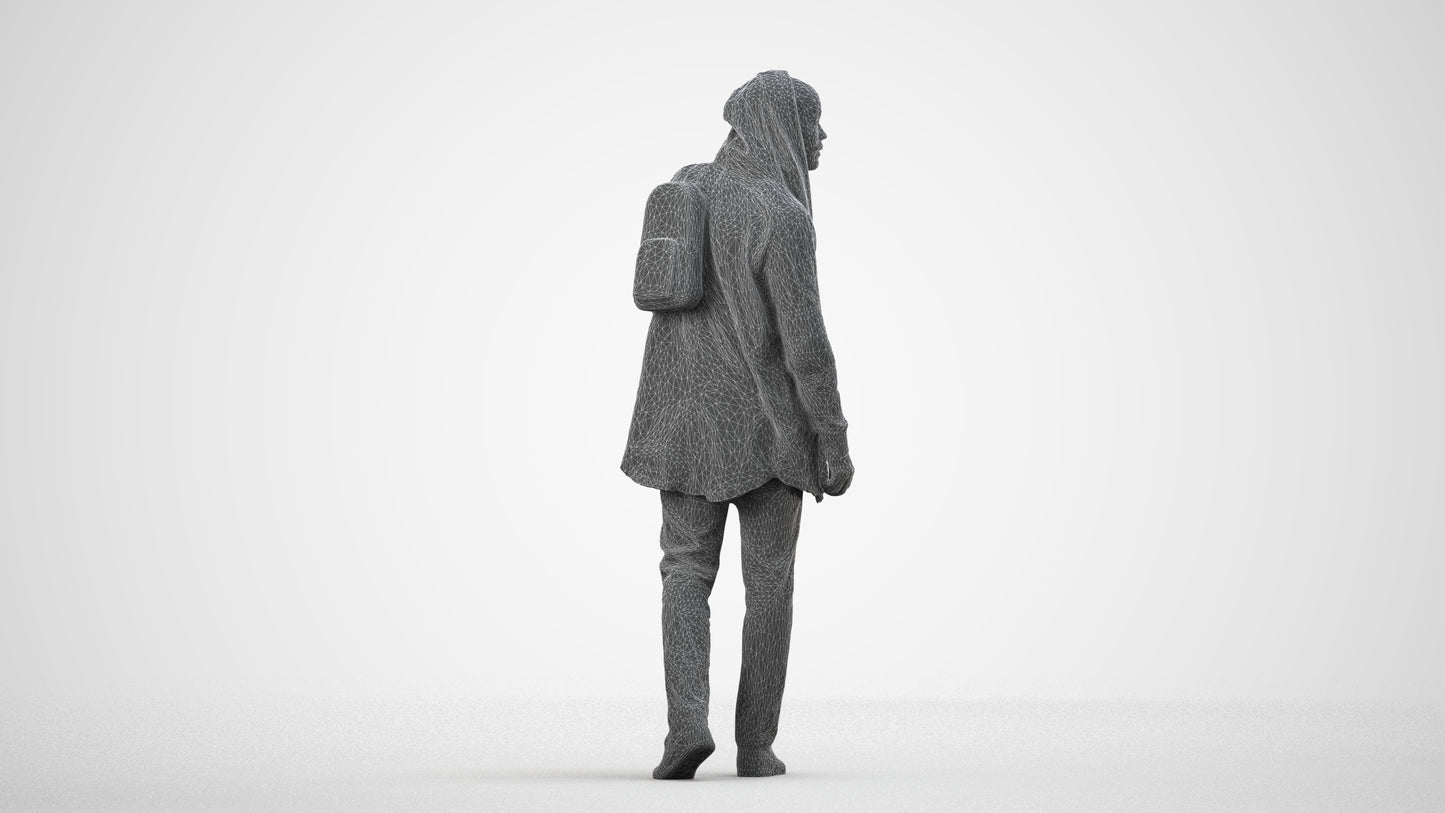 realistic 3D man casual walking, scanned archviz people for Blender and 3ds Max, wireframe side view